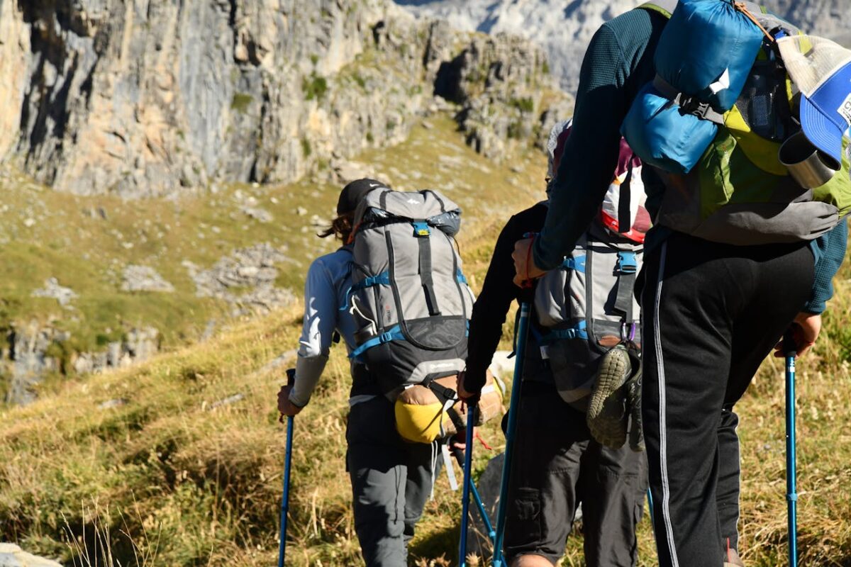 Adventurers on a scenic trek through the rugged mountains of Aragon, Spain.